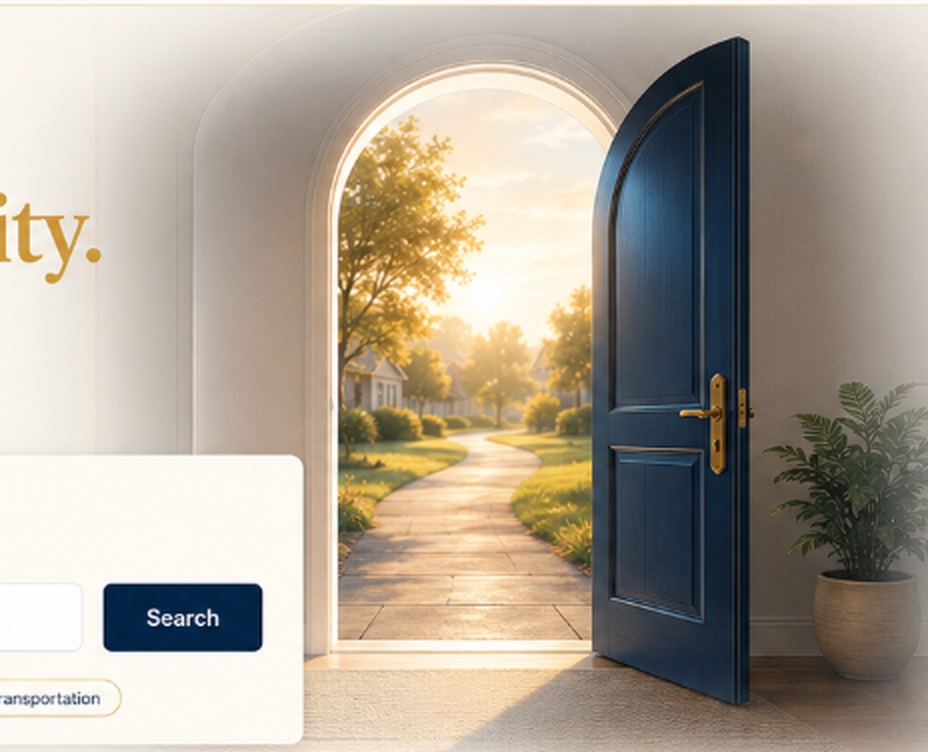 An open navy door leading to a warm, welcoming community path